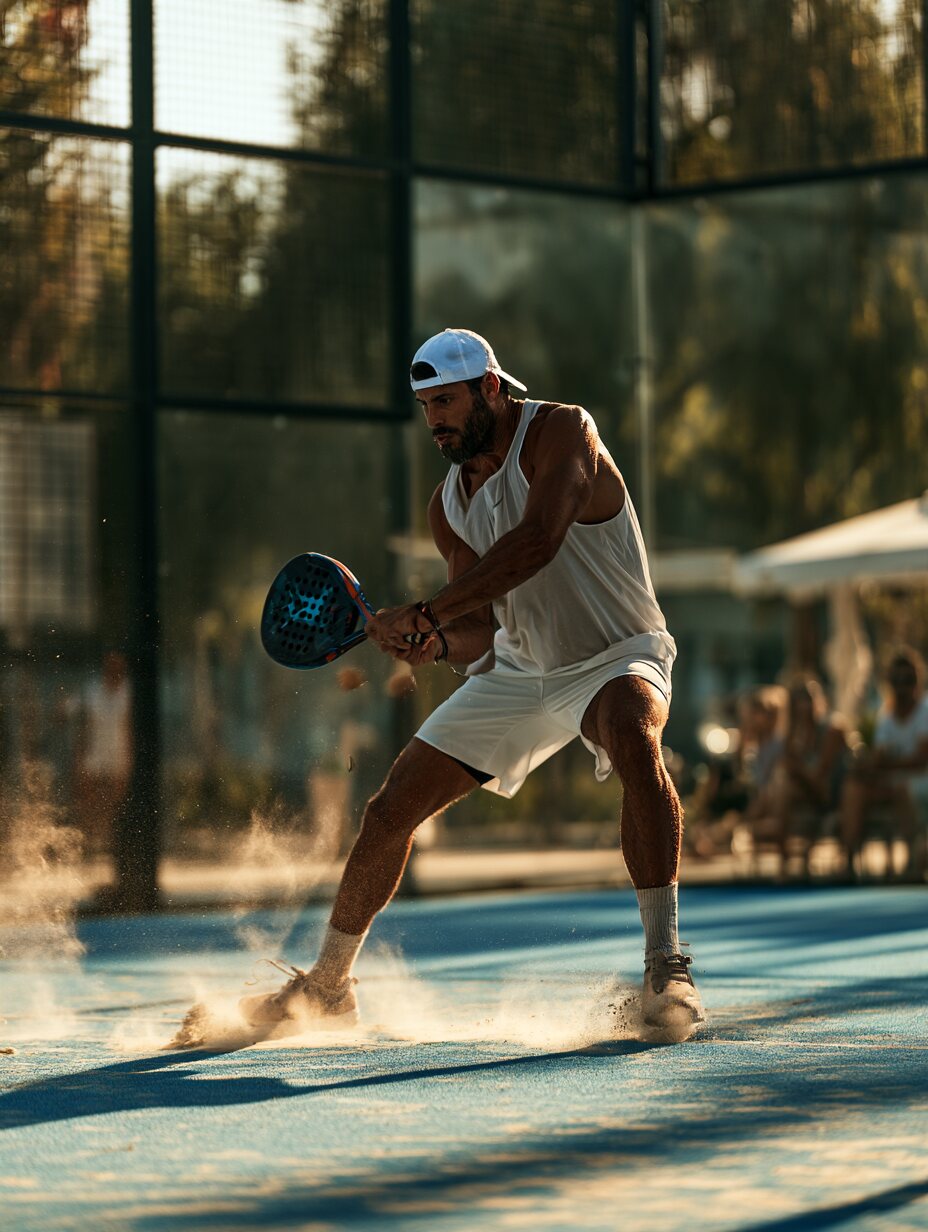 Illustrative padel player preparing a return on an enclosed court.