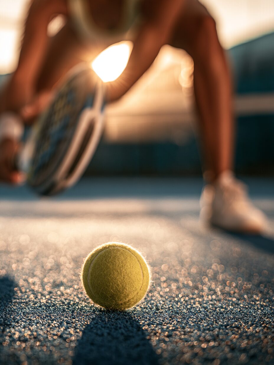 Illustrative padel ball on a sunlit court, with a player and racket out of focus behind it.