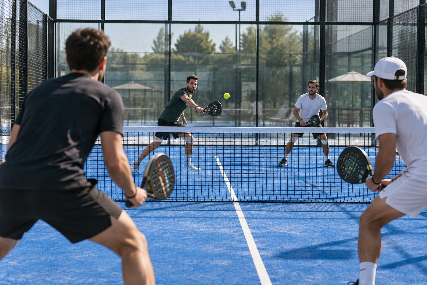 Illustrative four-player padel exchange on a glass-walled court.