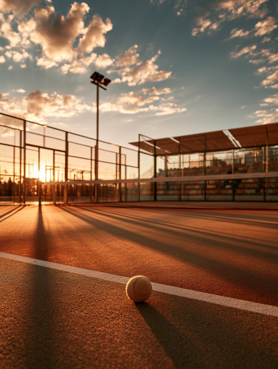 Illustrative enclosed padel court in evening light, with a ball near the back wall.